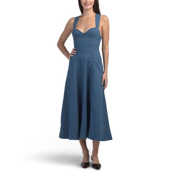 SELFIE LESLIE Navy Ellora Criss Cross Back Denim Maxi Dress - Picture 1 of 2